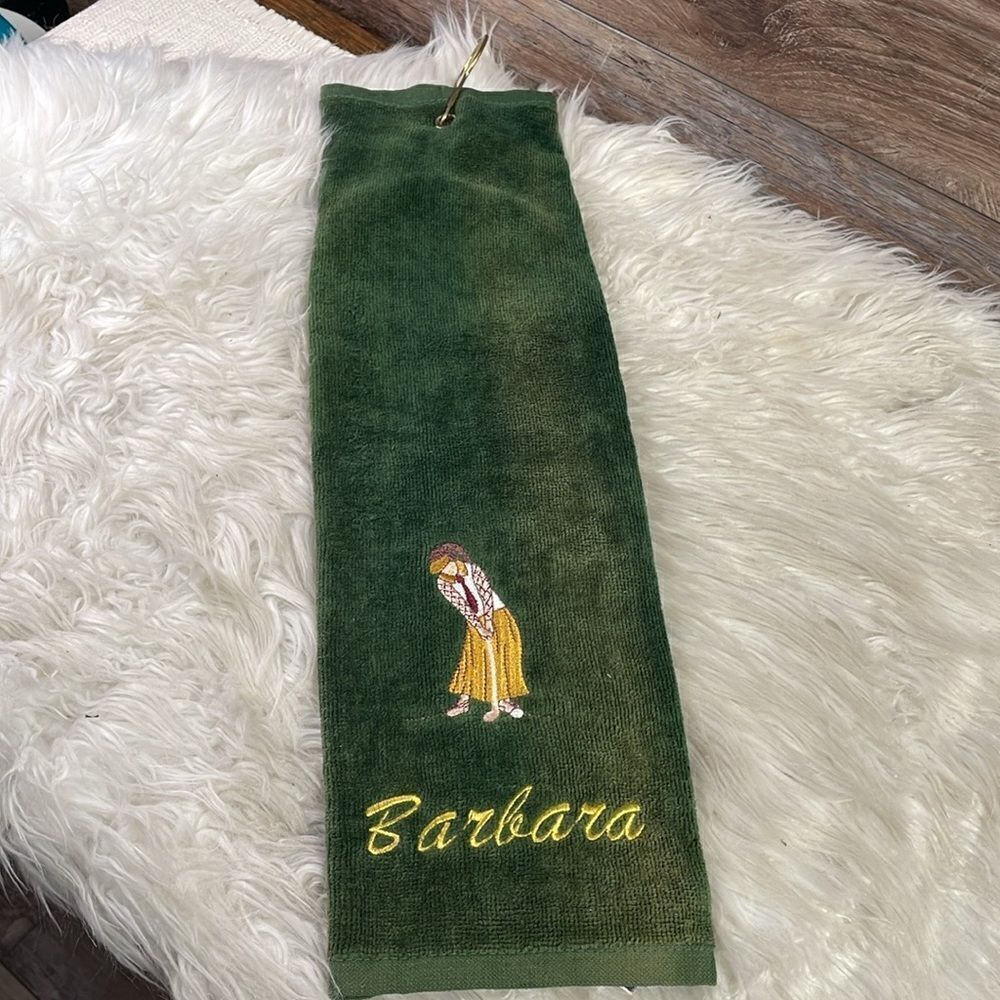 Plush Embroidered Golfers Towel with Pocket Bag Clip,  Name Barbara, Green, NWT